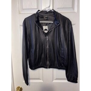 SIMMA Black Faux Leather Jacket Womens M/L Snakeskin Print Full Zip Cropped
